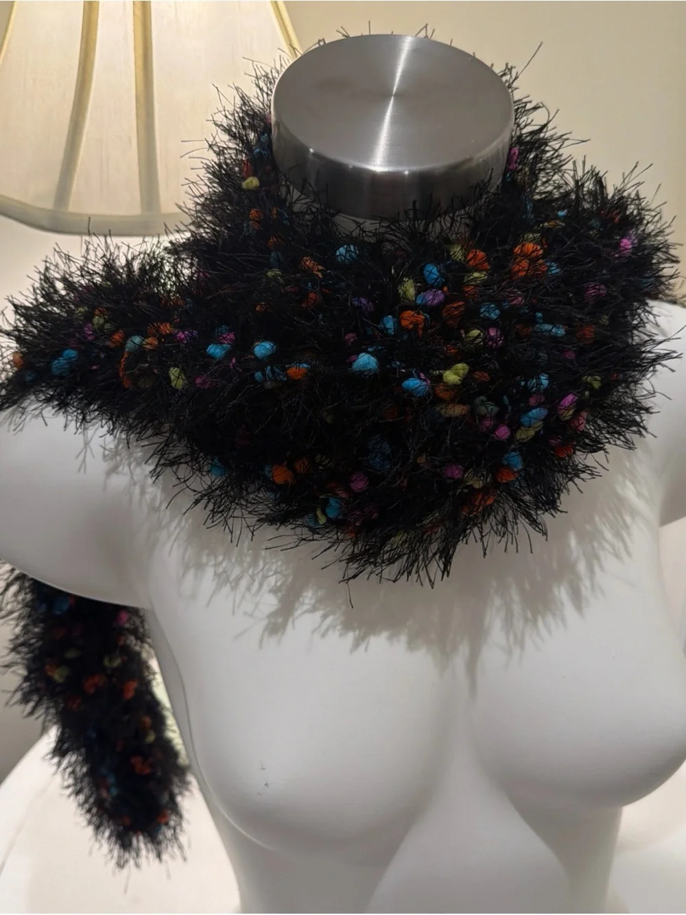 Fuzzy Black Eyelash Scarf with Multicolor Pom Accents - Women's Accessory Y2K